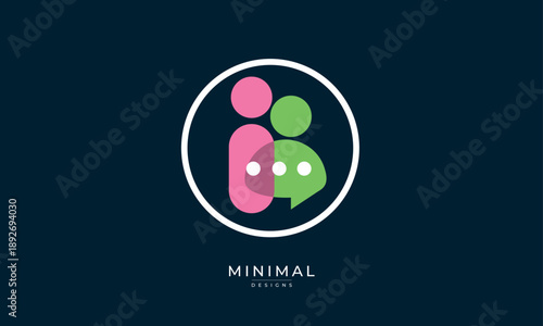 Vector icon logo representing communication and conference, featuring people with chat bubbles to symbolise discussion, conversation, and collaboration