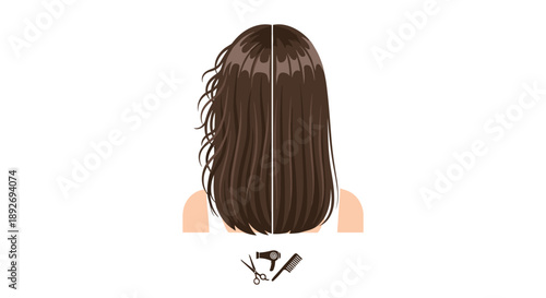 Comparison of Frizzy and Smooth Straightened Hair with Styling Tool Icons for Professional Hair Salon Concept