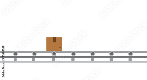 Single Cardboard Box Moving on a Factory Conveyor Belt with Industrial Skyline in the Background