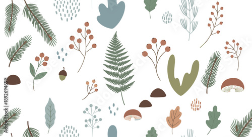 Autumn forest pattern with leaves, pine branches, mushrooms, berries, acorns, and earthy fall nature elements in seamless vector style