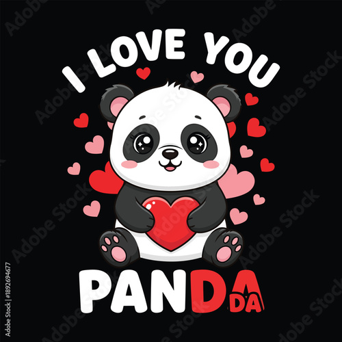 Cute panda bear holding a red heart with ILOVEYOUPANDA text cartoon illustration