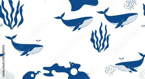 Minimal blue whale pattern with ocean waves, seaweed, bubbles, and modern marine seamless background in clean monochrome vector style