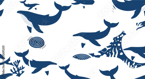Minimal navy whale pattern with ocean animals, waves, coral, and modern marine seamless background in monochrome vector style