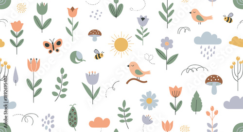 Cute spring floral pattern with birds, butterflies, bees, mushrooms, sunshine, clouds, and pastel nature elements in seamless background