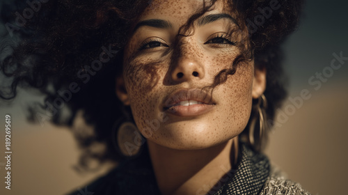 fashion lifestyle image of a model with vitiligo and natural freckles captured in effortless movement with wind in the hair
