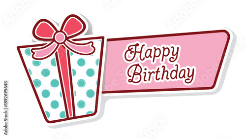 Retro pastel birthday gift box with pink bow and happy birthday tag vector