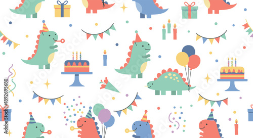 Cute pastel birthday dinosaur pattern with party decorations, cakes, balloons, gifts, candles, and playful seamless background for kids