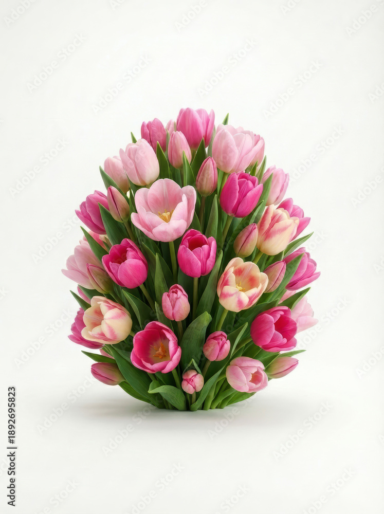 Fototapeta premium Egg-shaped arrangement of pink tulips, spring floral centerpiece on white