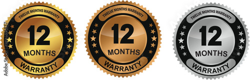 12-month warranty label in a premium luxury design in gold, silver, and bronze. Twelve-month warranty. Vector illustration.