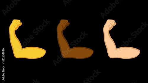 professional 2d animation of three flexed biceps with different skin tones. seamless loop, transparent background with alpha channel, ideal for fitness, strength, and diversity social media conten