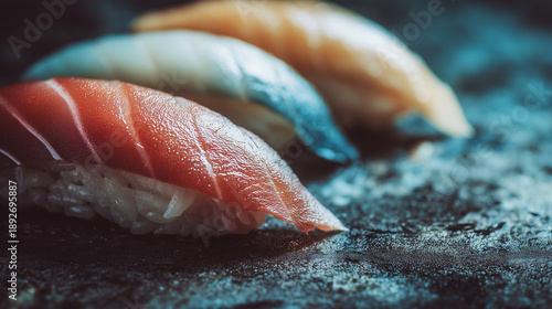 Zen style macro food photography of sushi fish and rice with delicate texture in soft directional light