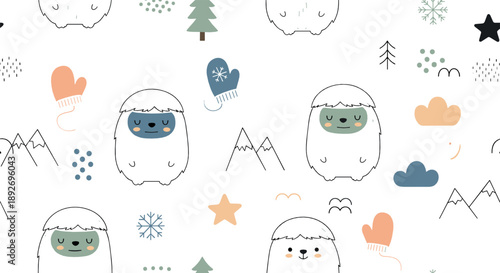 Cute winter animal pattern with cozy characters, mittens, snowflakes, mountains, stars, and pastel holiday background