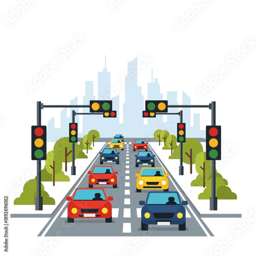 Busy city road with traffic lights and cars, urban transportation concept.