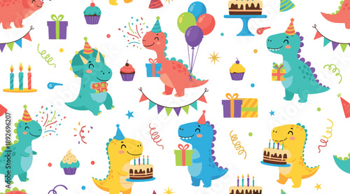 Cute birthday dinosaur pattern with party hats, cakes, balloons, gifts, confetti, and colorful festive seamless background for kids