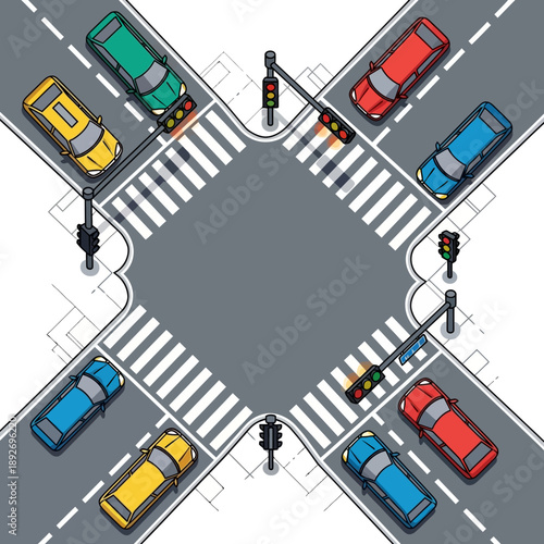 Busy Intersection with Cars and Traffic Lights
