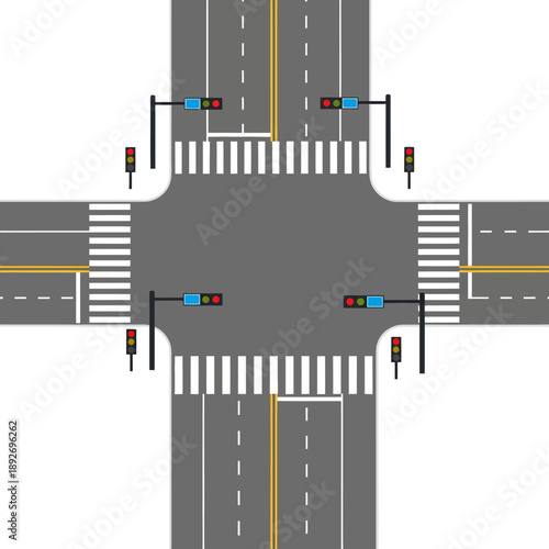Busy Road Intersection with Traffic Lights and Crosswalks - Aerial View