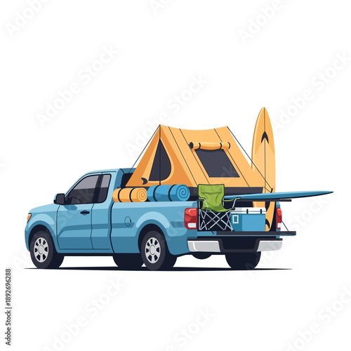 Blue Pickup Truck Loaded for Camping with Rooftop Tent, Surfboard, Cooler, and Chairs