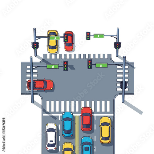 Top View of Busy City Intersection with Traffic Lights and Cars