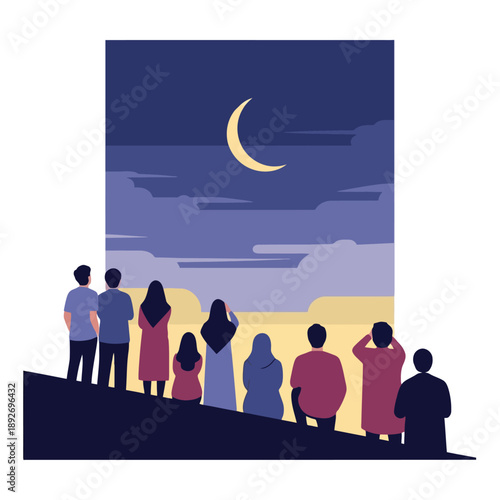 People watching crescent moon from a hilltop at dusk islam ramadan