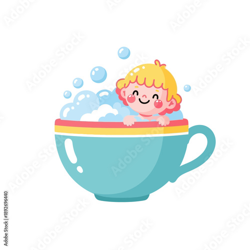 Cute Cartoon Child Bathing in a Teacup with Bubbles
