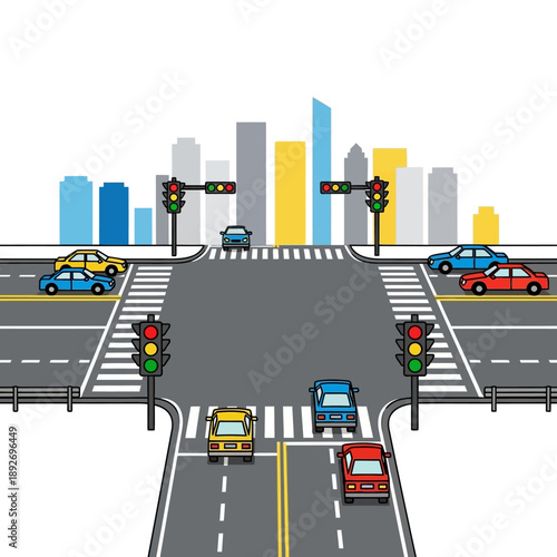 Busy City Intersection with Traffic Lights and Cars, Urban Street Scene
