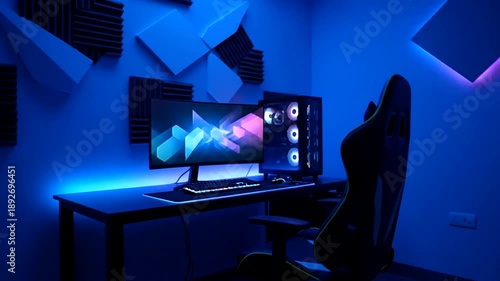 Gaming setup with RGB lighting and computer components in a dark room.