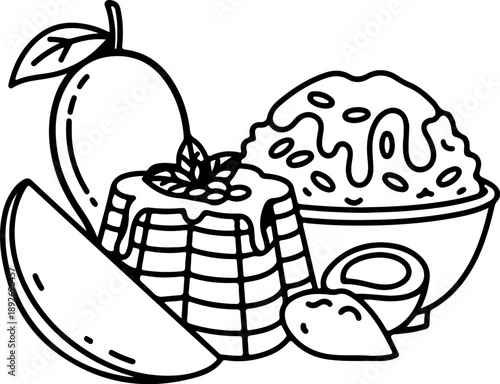 chocolate cake with cherries. silhouette Black and White Line Illustration of Traditional Dessert with Mango and Sweet Bowl
