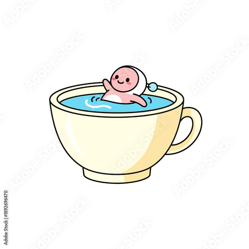 Cute baby character swimming in a teacup, joyful, playful, isolated