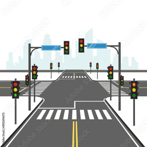 Busy City Intersection with Traffic Lights and Crosswalks