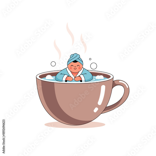 Relaxing Person in Giant Coffee Cup Bath with Steam and Bubbles
