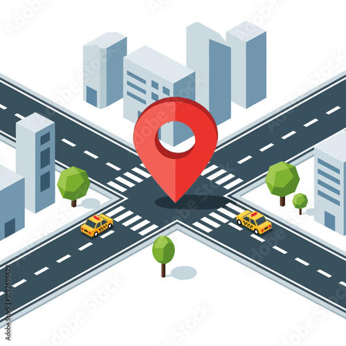 Giant Red Map Pin at Crossroads Intersection with Taxis and City Buildings