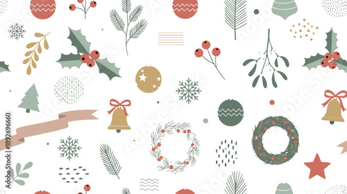 Minimal Christmas pattern vector set with holly, wreaths, ornaments, bells, pine branches, snowflakes, berries, and elegant festive holiday elements
