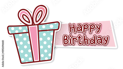 Retro pastel birthday scene with gift box and happy birthday banner on white