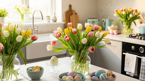 A Bright and Cheerful Spring Kitchen Filled with Colorful Tulips and Easter Eggs, Perfect for Celebrating the Season of Renewal and Joy in a Cozy Home Setting