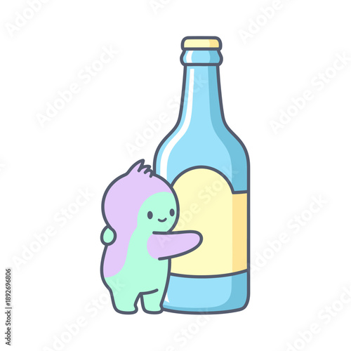 Cute Cartoon Monster Hugging a Blue Glass Bottle