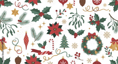 Christmas holiday vector set with holly, mistletoe, poinsettia, wreaths, pine branches, ornaments, candy canes, snowflakes, and festive winter decorations