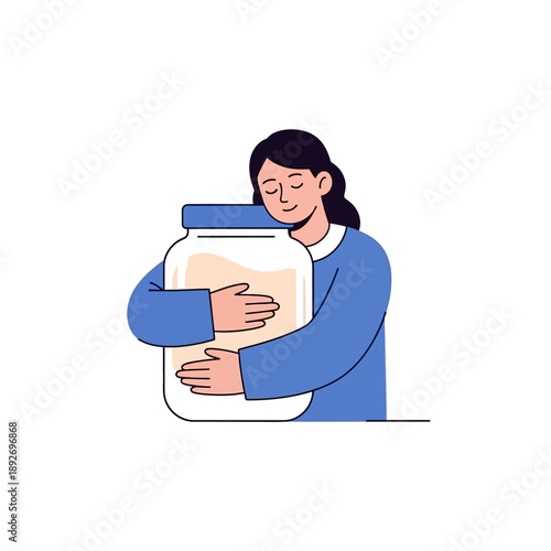 Woman hugging a large glass jar with creamy liquid, healthy lifestyle concept