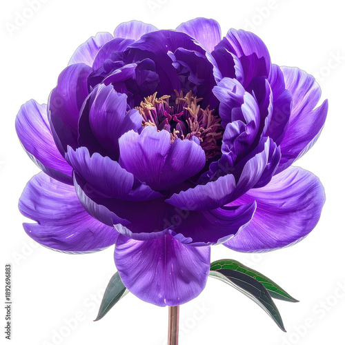 A close-up photograph of a vibrant purple peony flower against a solid black background.