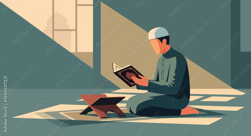 Obraz premium Geometric Illustration of Muslim Man Reading Religious Book in Mosque