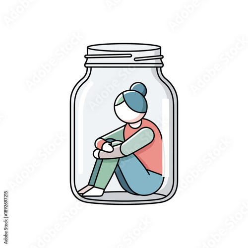 Woman Trapped Inside Glass Jar, Feeling Isolated and Confined, Mental Health Concept