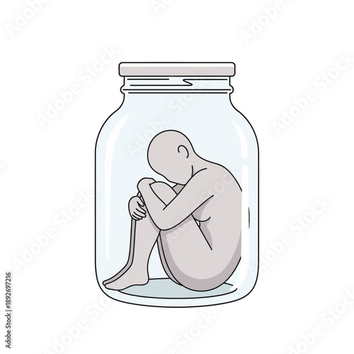 Trapped Human Figure Curled Inside Glass Jar, Symbolizing Isolation and Confinement