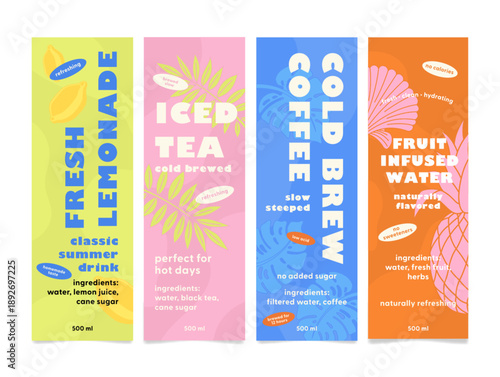 Labels for refreshing summer drinks with lemon flavor, iced tea, coffee, and fruit-flavored water with ingredients listed