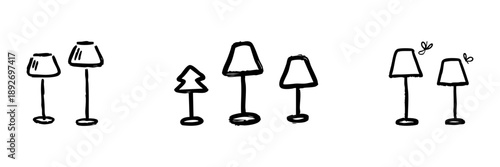 Table Lamps And Decorative Lighting Line Icon Set In Doodle Style. Home Decor, Interior Design, And Illumination Outline Sketch Collection. Hand Drawn Isolated Vector Illustration