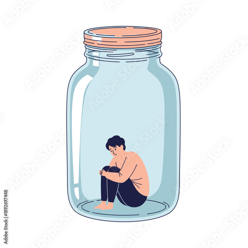 Sad Man Trapped Inside Glass Jar, Loneliness, Isolation, Mental Health