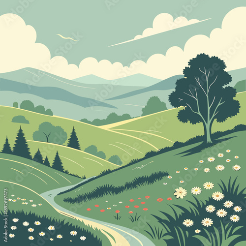 Expansive Summer Valley View: Rolling Hills Under Blue Sky