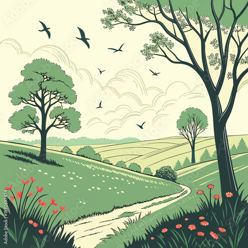 Early Summer Landscape: Clouds, Birds, and Open Sky