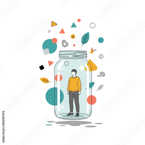 Trapped Man in Jar Symbolizing Confinement and Creative Block
