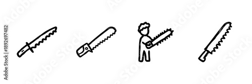 Saw Tools And Person Holding Chainsaw Line Icon Set In Doodle Style. Woodworking, Carpentry, And Construction Equipment Outline Sketch Collection. Hand Drawn Isolated Vector Illustration