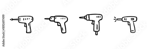 Electric Drill Line Icon Set In Doodle Style. Power Tool, Construction, And Diy Equipment Outline Sketch Collection. Hand Drawn Isolated Vector Illustration