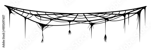 Dark, torn Halloween-themed banner with cobwebs and hanging ornaments on a black background